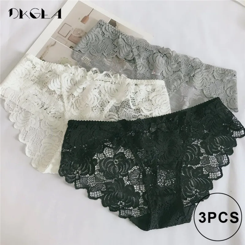 White Black Gray Сексуальные трусики 3 шт. Белый+ черный+ синий кружевное белье плюс размер невысокие трусики прозрачные женские трусы вышивка - Цвет: White Black Gray