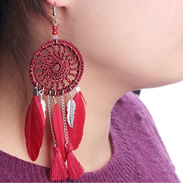 Retro Women's Feather Dreamcatcher Tassel Dangle Hook Earrings Jewelry | Украшения и аксессуары