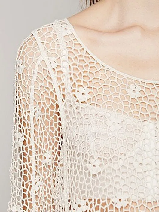 Женская пляжная кружевная блузка с рукавом три четверти белая крючком и цветком