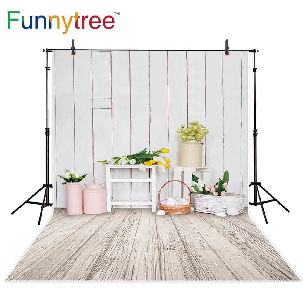 Фон для фотосъемки Funnytree Пасхальный фон с белой деревянной корзиной и яйцами в