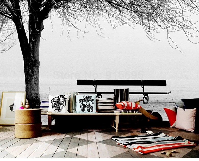 Пользовательские 3D Фото Обои фреска черный белый большой дерево скамейка Абстрактное Искусство Настенная живопись Современная гостиная диван ТВ фон Декор