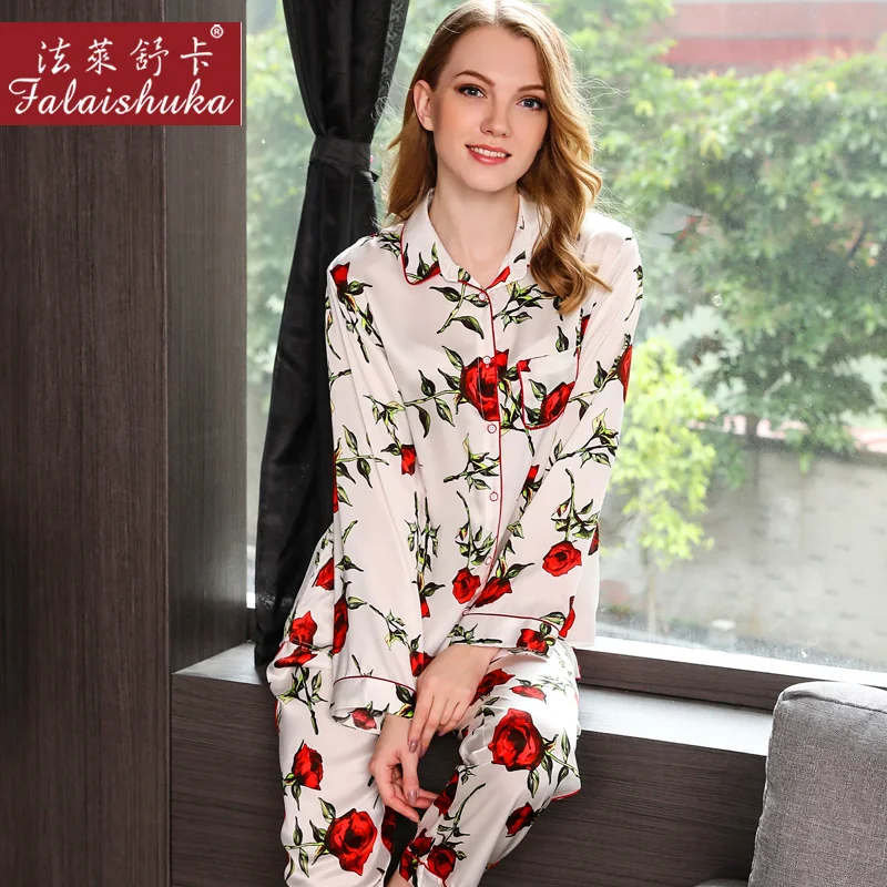 Pijama Feminino 100% Silk Pajama Sets Women Sexy Stain Pajama Set Two Piece Silk Nightwear Top and Pant Home Wear Sleepingwear
