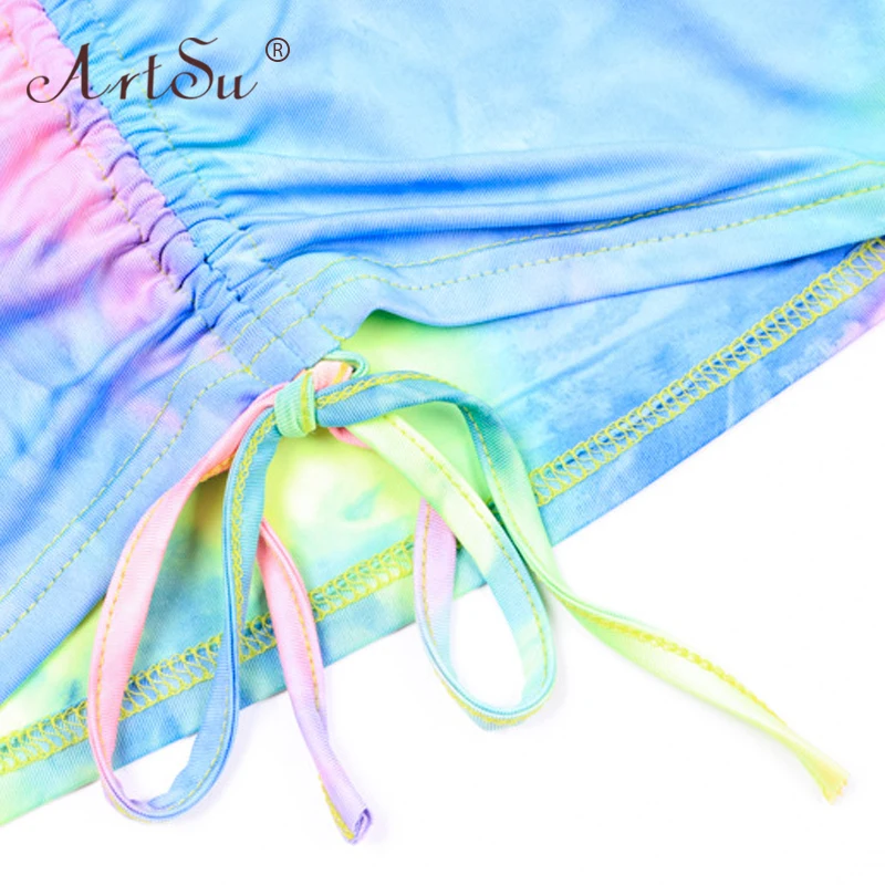 

ArtSu Spaghetti Straps Tie Dye Print Sexy Camis Skirt Two Piece Set Tracksuit 2019 Summer Women Party Club Holiday Sets Outfits