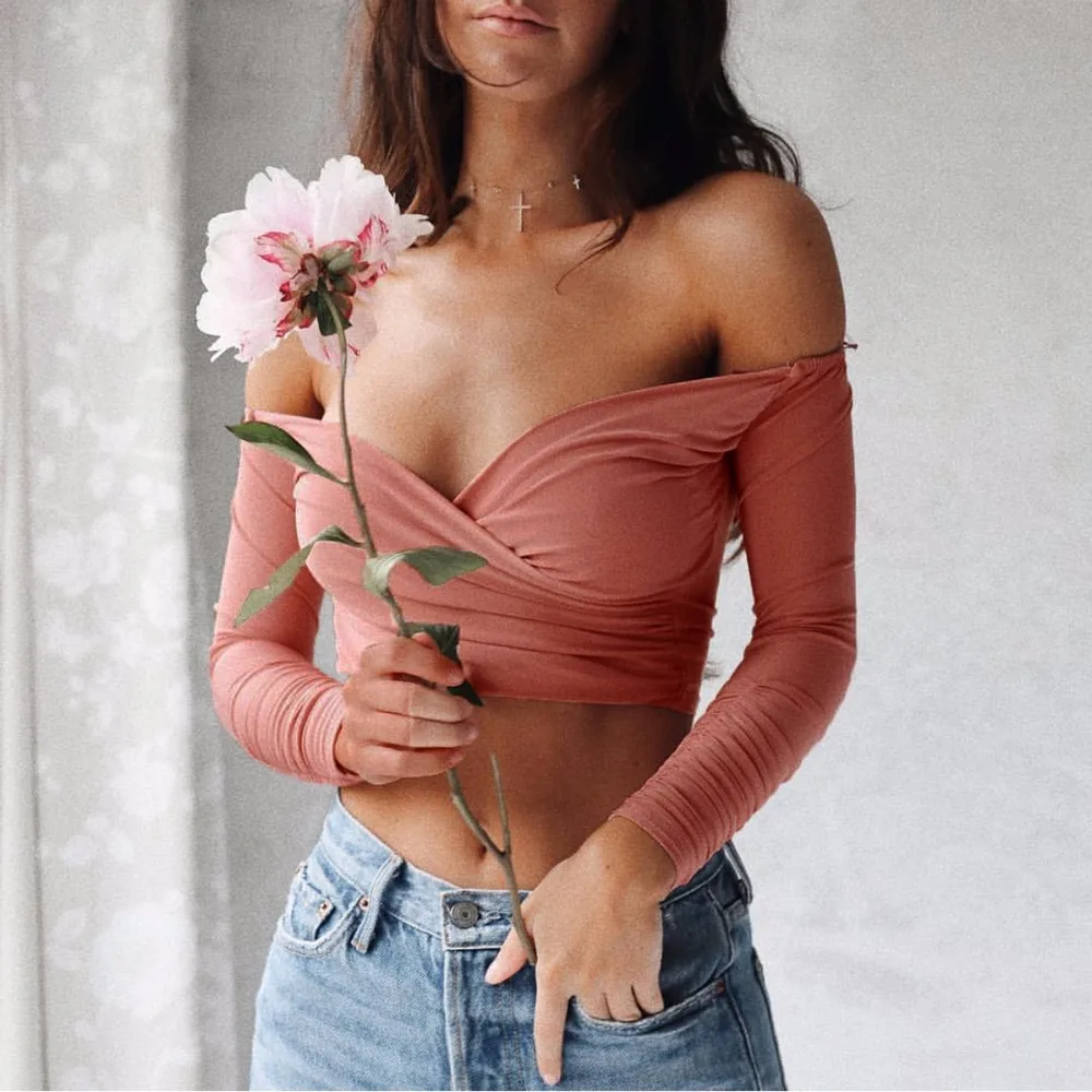 JuneLove 2019 весенние сексуальные облегающие футболки с воротником лодочкой Клубные