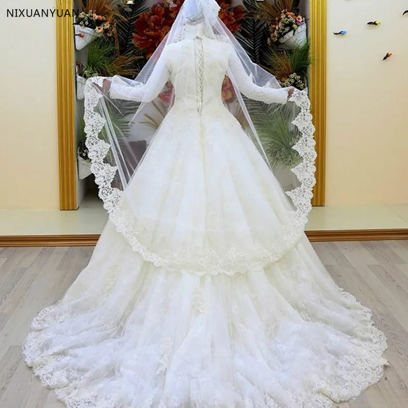 Vestidos De Novia, кружевное мусульманское свадебное платье, винтажное, с длинным рукавом, с высоким воротником, Саудовская Аравия, свадебное платье