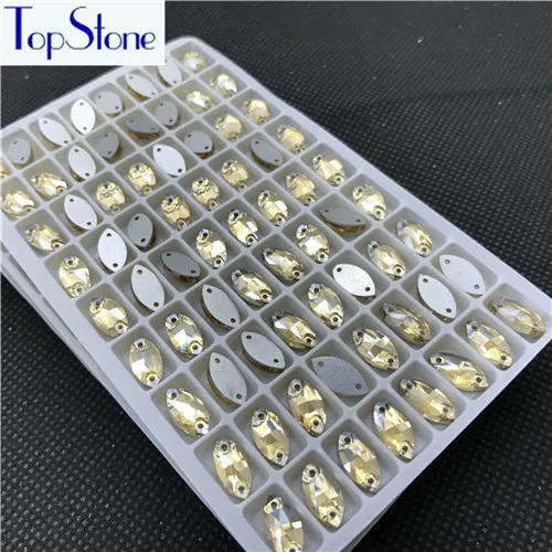 gold champagne TopStone 6x12 мм 7x15 мм 9x18 мм Navette пришитые камни плоские стеклянные кристаллы 2 отверстия пришивные стразы в виде конского глаза для одежды - Цвет: gold champagne