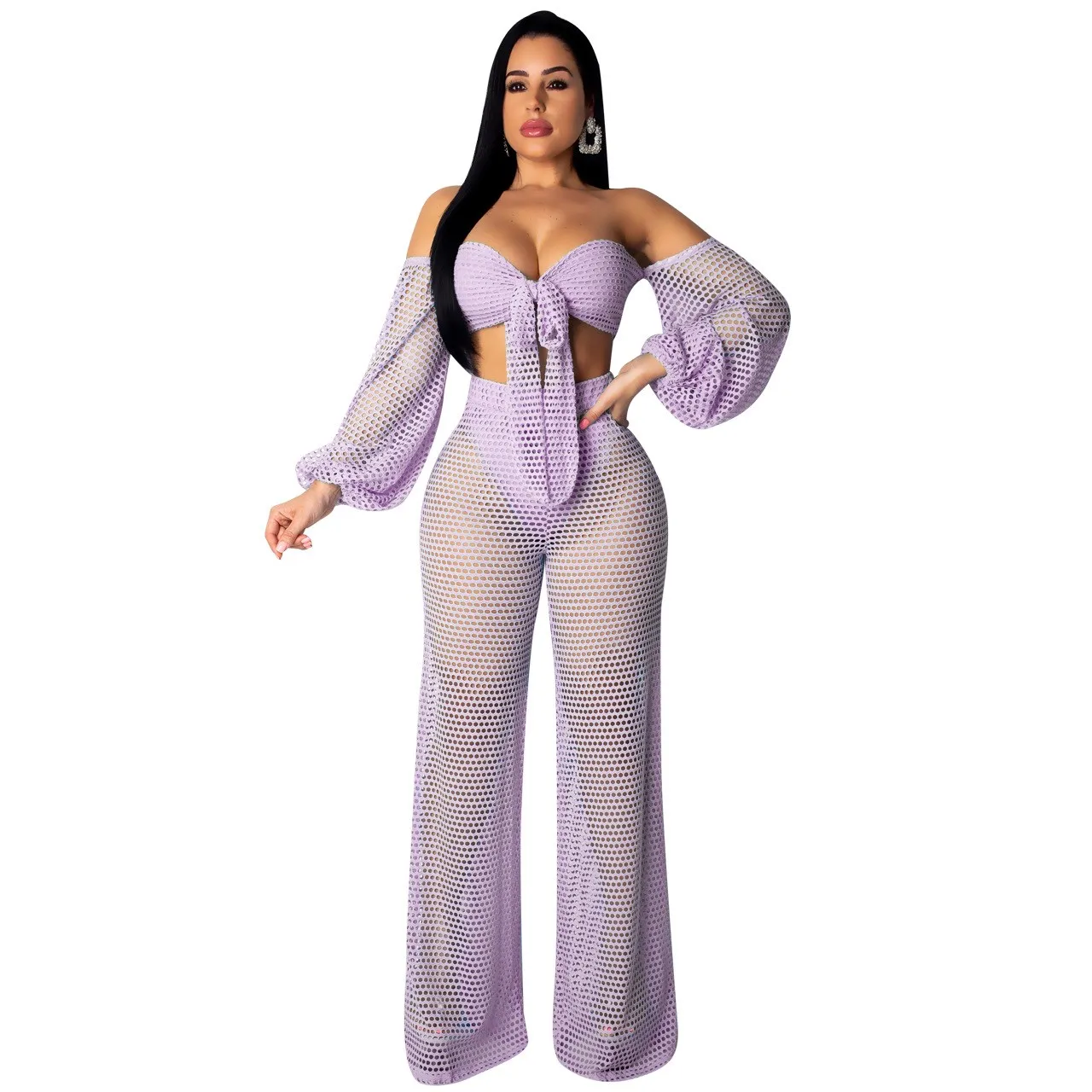 Женский сексуальный клубный комплект из двух предметов ажурный топ и штаны