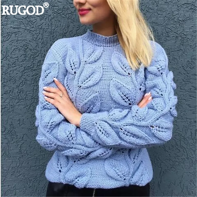 RUGOD 2020 Autumn Winter Warm Knitted Pullover Women Elegant Leaves Pattern Knitwear Sweater Female Coat Outwear | Женская одежда
