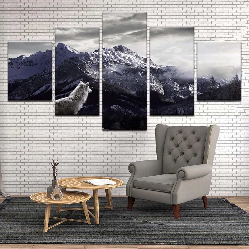 Настенная картина на холсте домашний декор гостиная 5 панелей волк верхушке горы