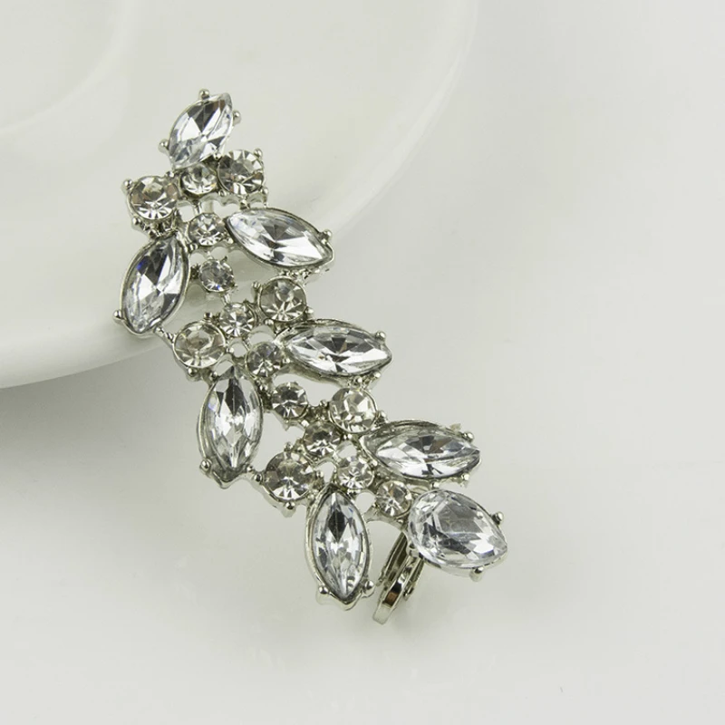 Silver-color Роскошные из сплава с инкрустированными стразами кристалл драгоценный камень серьги для женщин Ушная клипса серьги листья панк ухо манжеты серьги ювелирные изделия хороший подарок 1 шт - Окраска металла: Silver-color