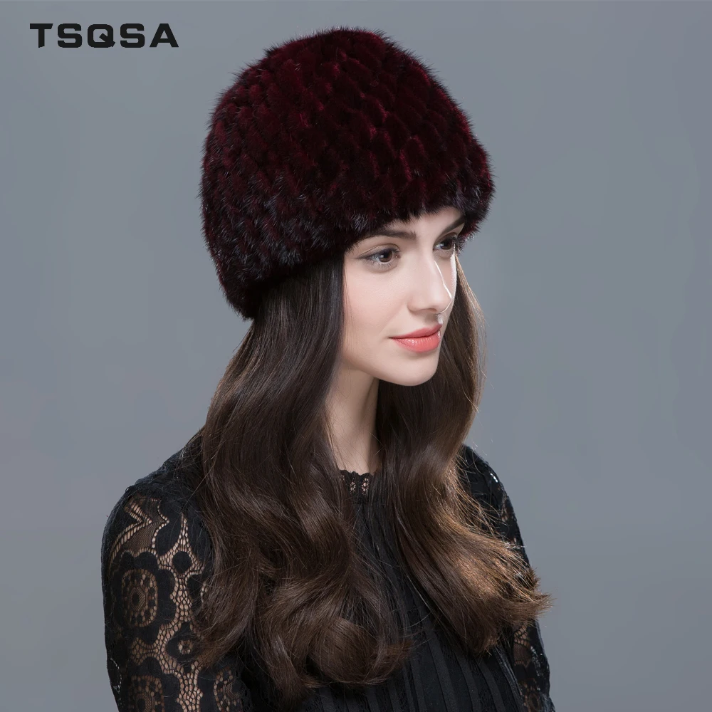 TSQSA Women Real Mink Fur Hat Natural Female Hats Winter Thick Warm Fashion Cap Ladies Pineapple TAH1607 | Аксессуары для одежды