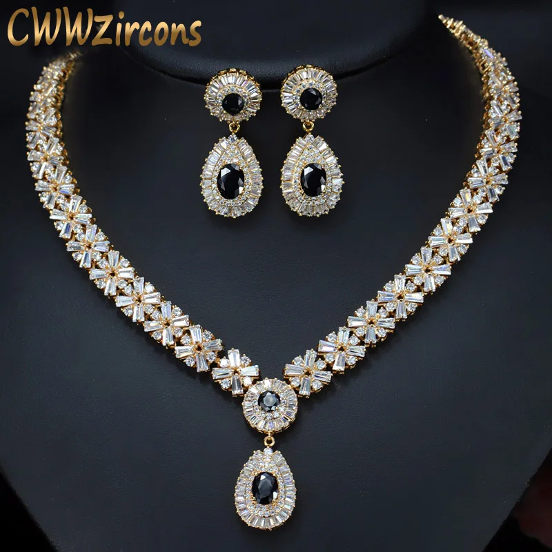 CWWZircons Изысканный Золотой Цвет Круглый AAA+ Кубический Цирконий Кристалл для женщин костюм Ювелирные наборы с черным цирконием камни T104