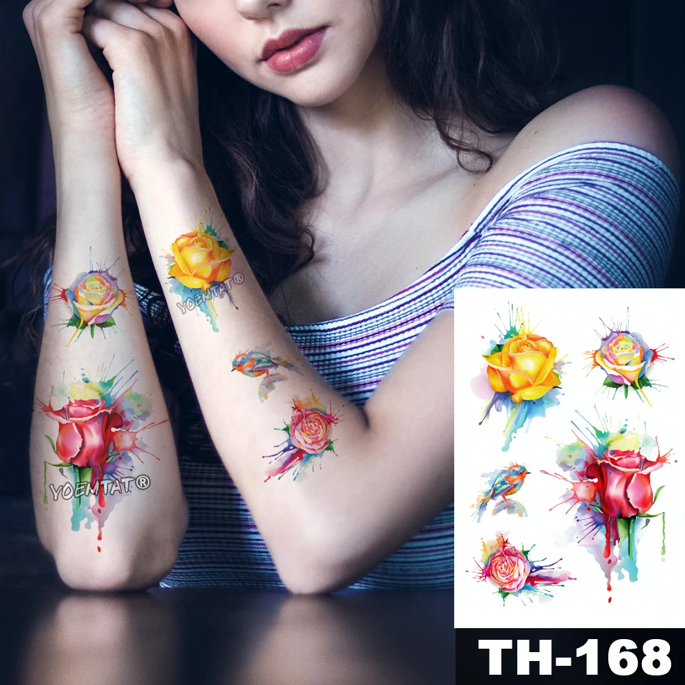 

Waterproof Temporary Tattoo Sticker 3D inkjet watercolor rose pattern Romantic Water Transfer body art flash fake tatoo