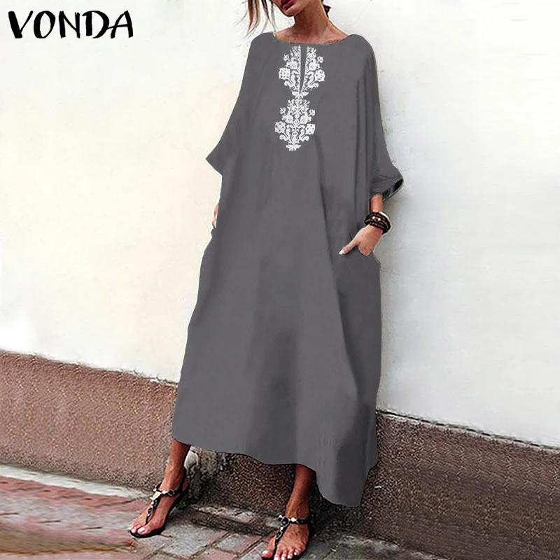 VONDA размера плюс осеннее платье женское сексуальное с круглым вырезом 3/4 рукав вечерние с цветочным принтом Длинные Платья повседневные свободные Vestidos