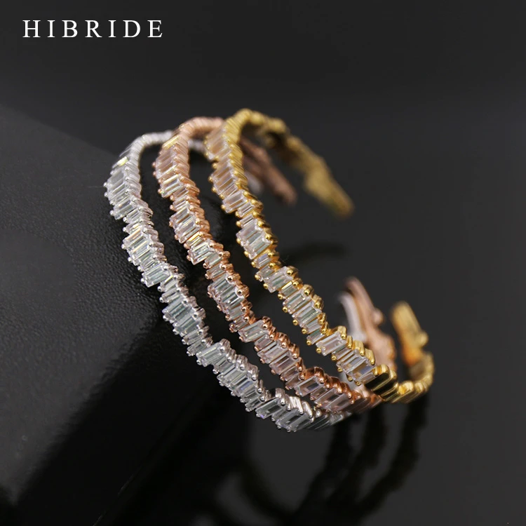 

HIBRIDE Fashion Gold-Color Man Women Cuff Bracelets Cubic Zirconia Baguette Bracelet Bangles For Gifts B-76