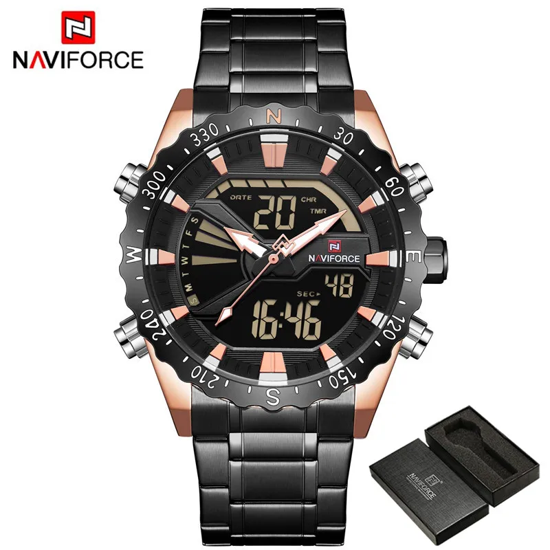 NA913601 with box Мужские часы NAVIFORCE, мужские военные спортивные часы, светодиодный Аналоговый Цифровой наручные часы, модные мужские кварцевые часы из нержавеющей стали 9136 - Цвет: NA913601 with box
