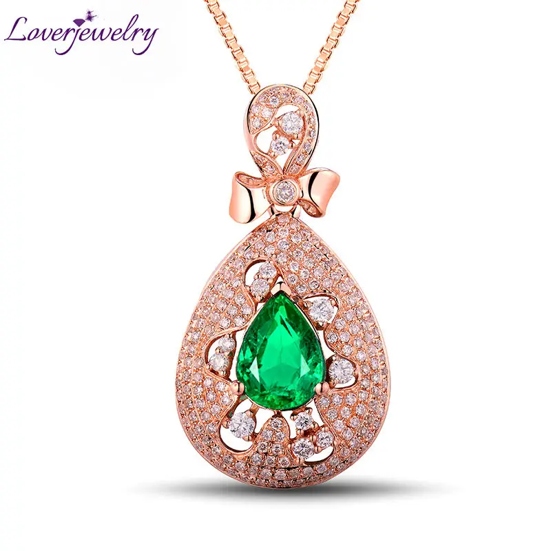 

LOVERJEWELRY 1.68Ct Pear Shape Gemstone Real Diamond Emerald Pendants Solid 18K/750 Rose Gold Fine Jewelry For Women Anniversary