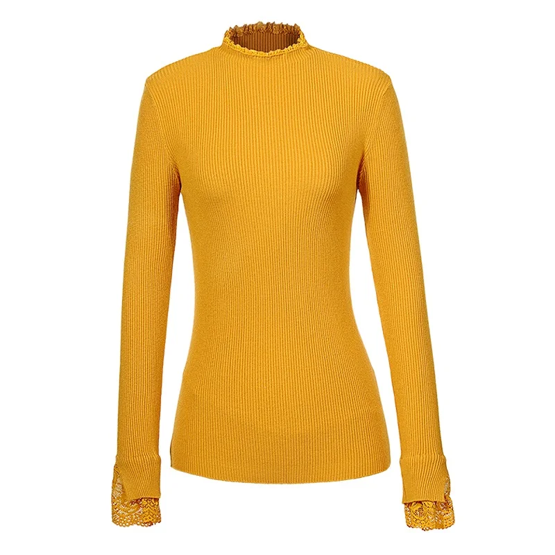 Женский Однотонный свитер с высоким воротом базовая туника кружевным воротником