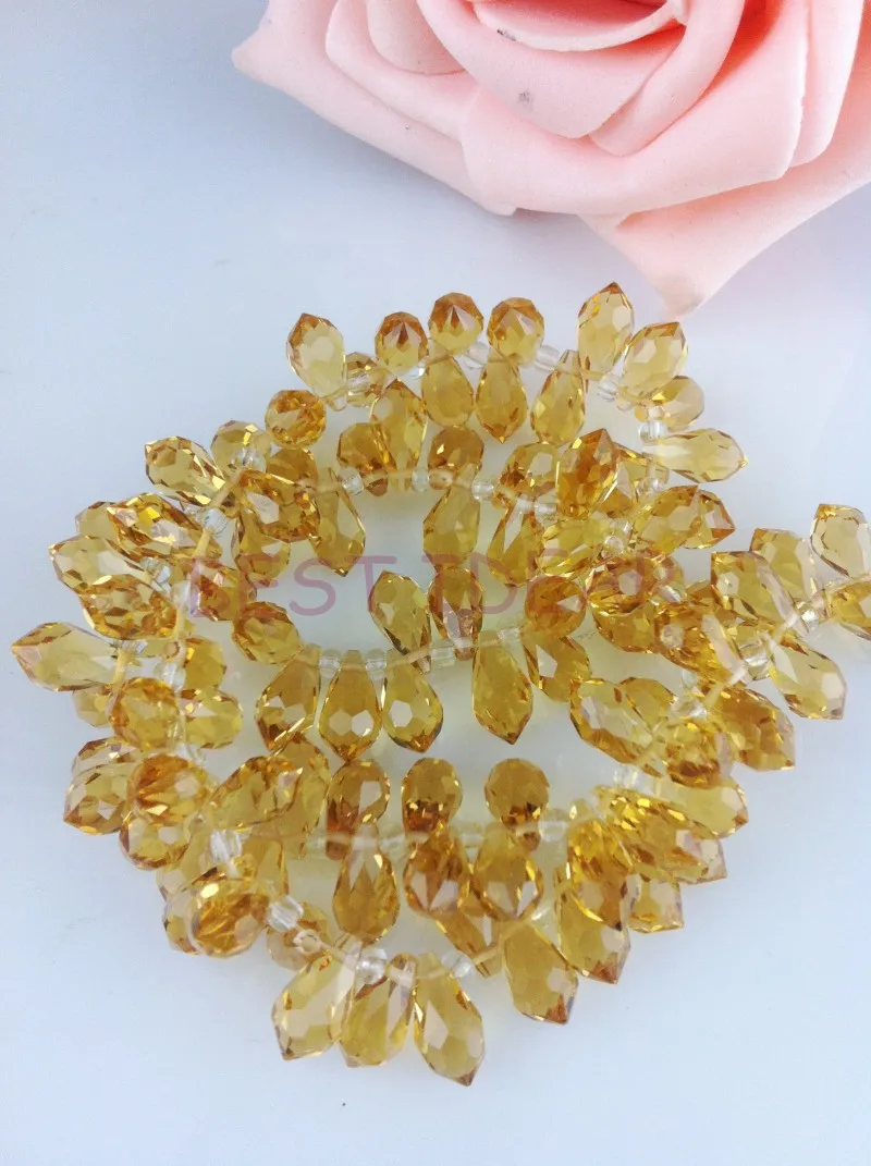 

100pcs 6*12mm Light Gold Quartz Faceted Crystal Glass Teardrop Beads Crystal Loose Beads DIY free shipping