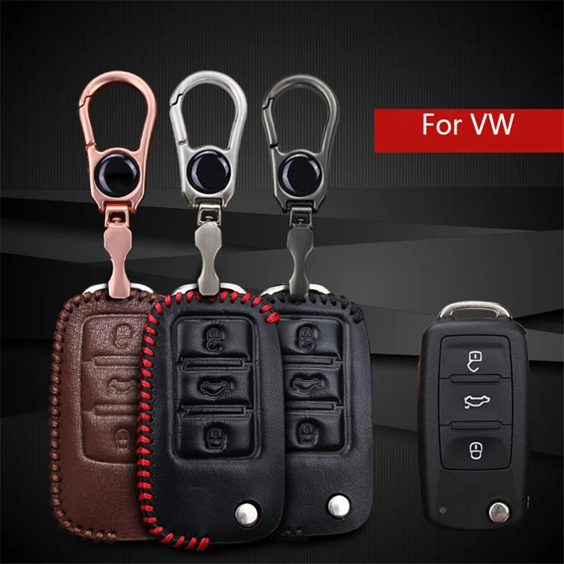 Genuine Leather Car Smart Key Cover Shell Case For VW Volkswagen Golf 7 4 Passat B5 B6 B7 B8 Polo Tiguan ring Holder Bag | Автомобили и