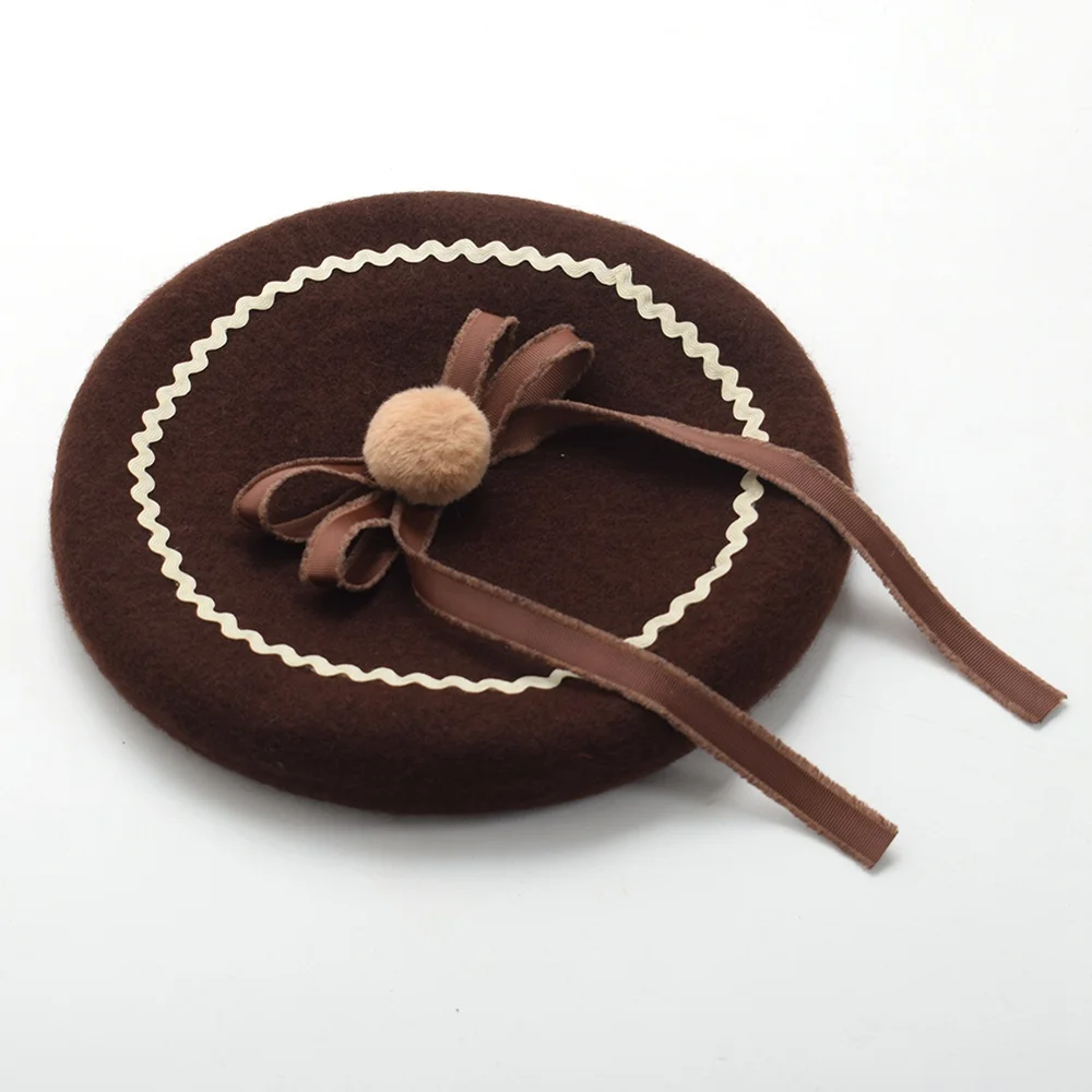 

Cute Beret Cap Women Wool Blend Bowknot Ribbon Top Hats