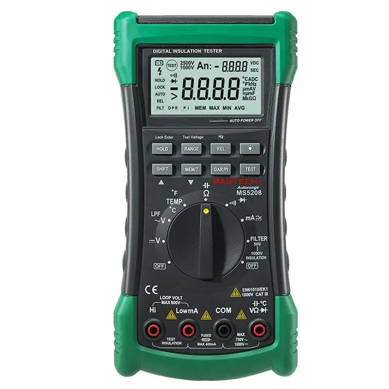 3 в 1 MS5208 6600 отсчетов Цифровой мультиметр+ тестер сопротивления изоляции+ тестер Megger True RMS AC Напряжение Ток температура