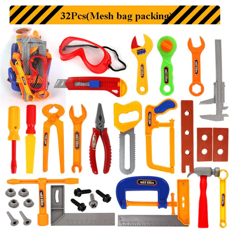 32Pcs(mesh bag pack) 37 шт./компл. малыш Пластик набор инструментов для ремонта игрушечный садовый инструмент комплект ролевые игры обучающая технического обслуживания Игрушки для мальчиков подарки - Цвет: 32Pcs(mesh bag pack)
