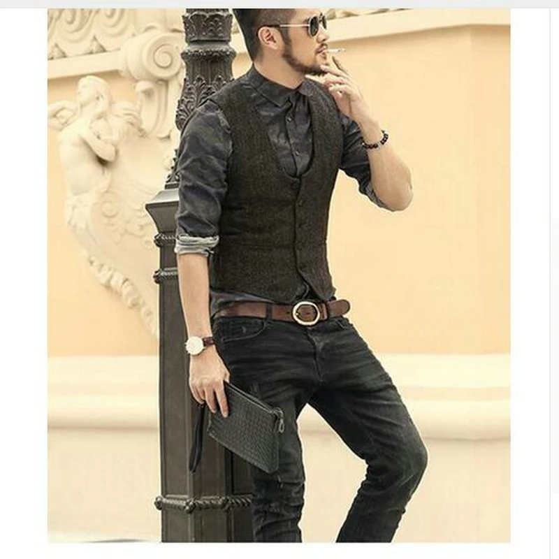 Мужской шерстяной твидовый приталенный хлопковый костюм для отдыха жилет