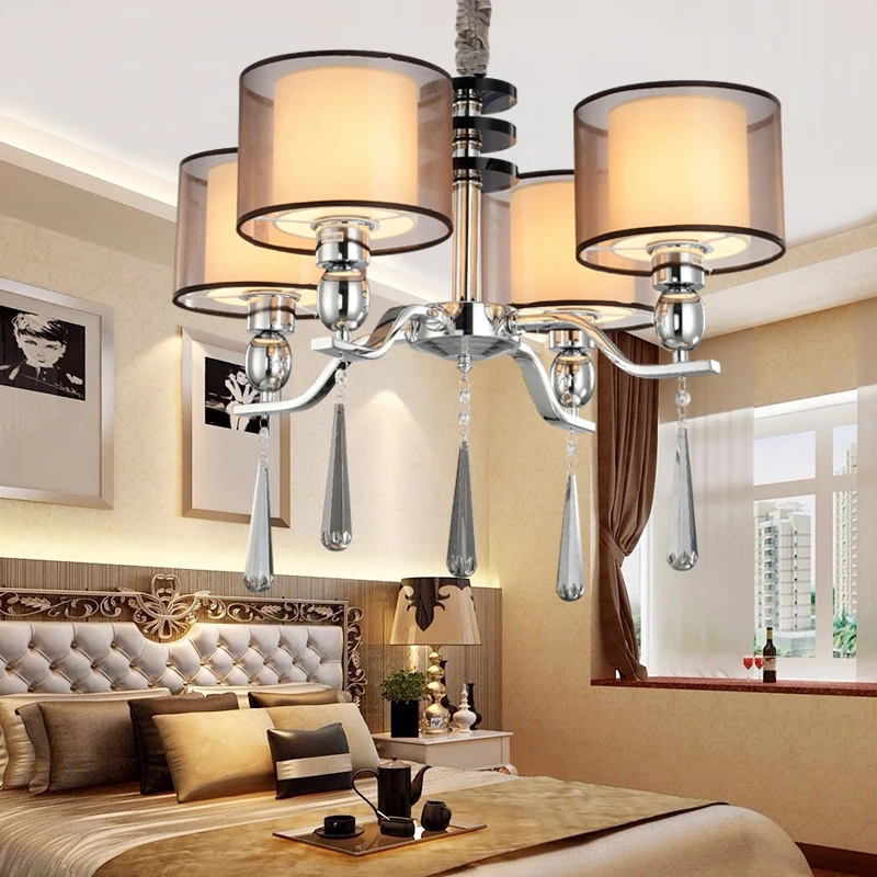 Modern Led Crystal Chandeliers Fabric Shade E27 3 Arms Dining Room Chandelier Lighting Pendientes Lampadario Plafon De Cristal | Освещение