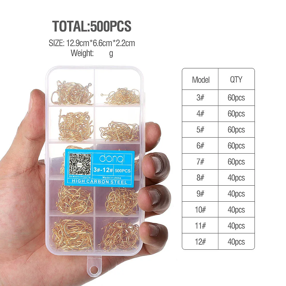 500pcs Gold DONQL 200-700 шт. рыболовные крючки с колючей спинкой одинарный круглый рыболовный крючок 3#-12# Высокоуглеродистая сталь Карп муха крючок для морской рыбалки аксессуары - Цвет: 500pcs Gold