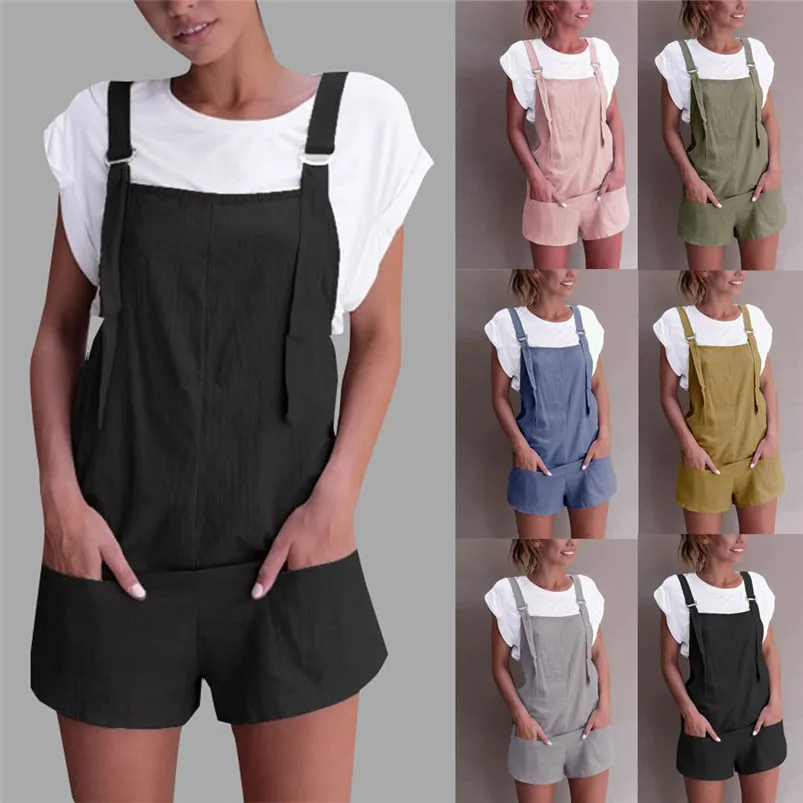 

New Arrival Women Elastic Waist Linen Cotton Pockets Rompers Playsuit Shorts Pants Overalls Rompers combinaison R21