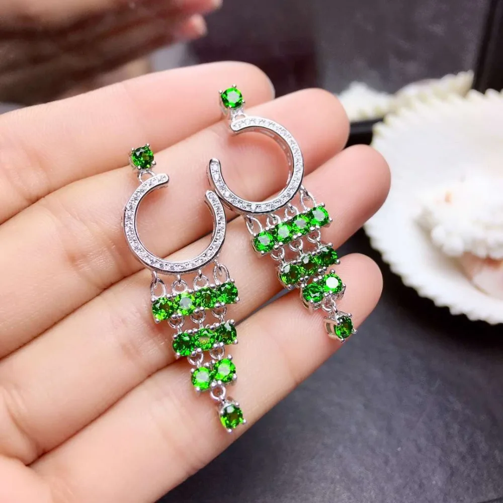 

Серьги-подвески женские из серебра 925 пробы с натуральными зелеными диопсидами