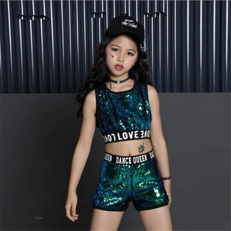 Костюмы для джазовых танцев в стиле хип хоп девочек костюм с блестками жилет