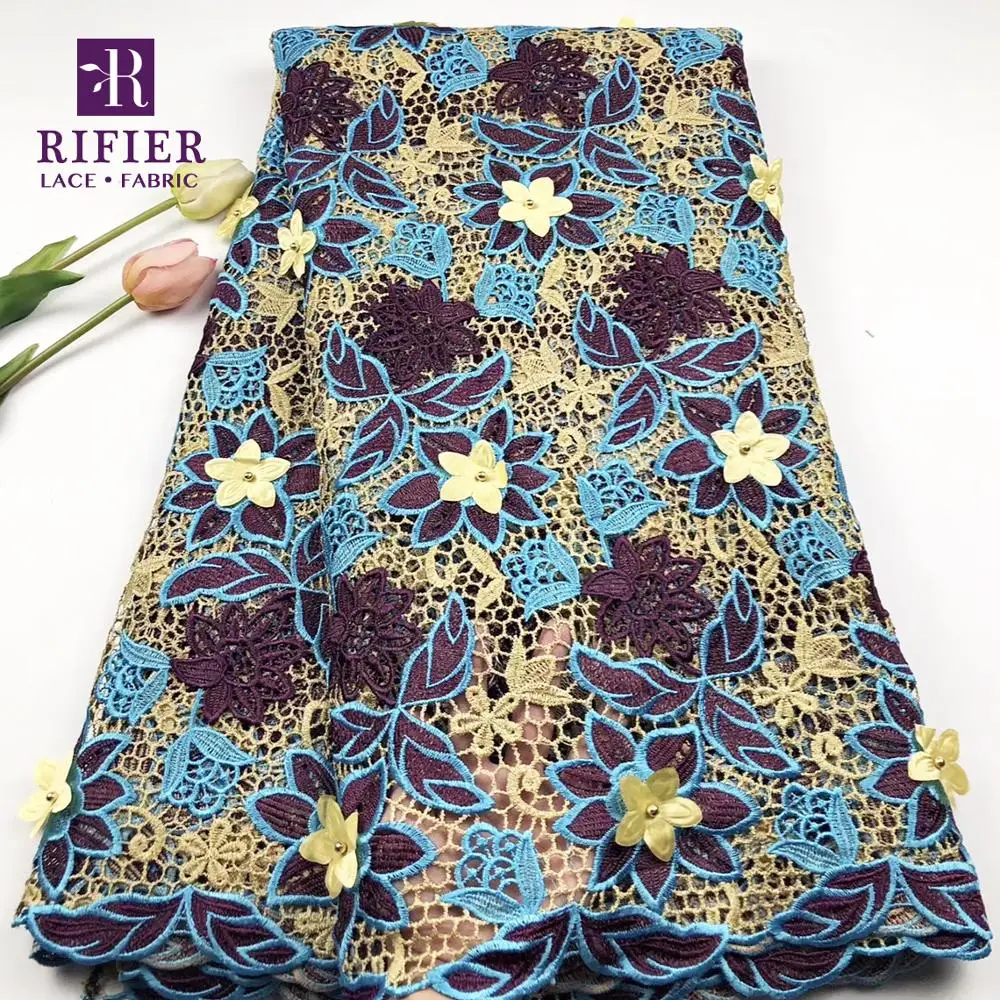 

Cord Lace 2019 New French Guinea 3D Flower Applique Mesh Net Lace Fabric High Quality Water Soluble Beaded Party Dress Material