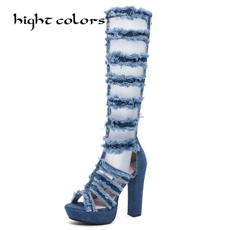 

New 2019 Women Denim Boots summer peep toe Knee-High Boots quality High elastic jeans fashion 12CM high heels boots DX-528