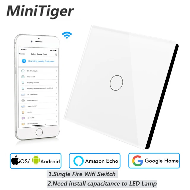Minitiger EU/UK Wifi умный настенный сенсорный выключатель стеклянный панель мобильное
