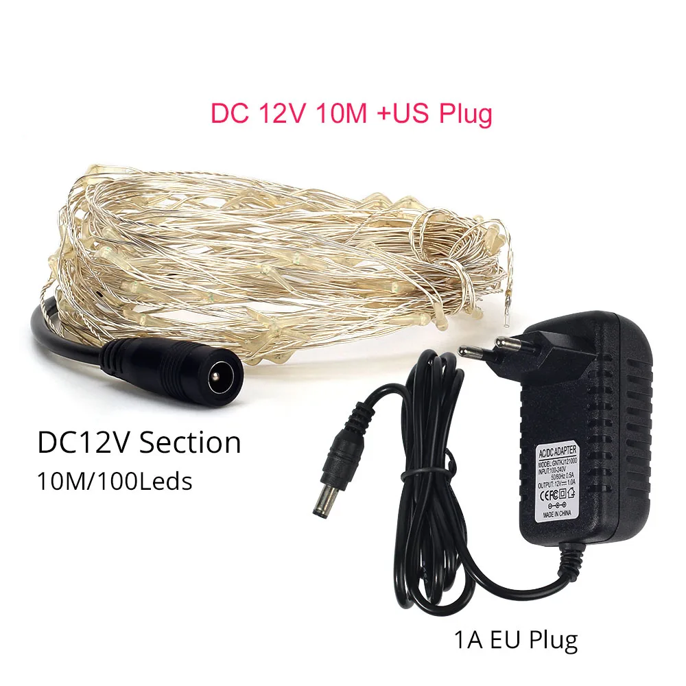 DC 12V 10M SET US Светодиодный светильник-гирлянда s 10 м 5 м 2 м медная проволочная Гирлянда для дома, Рождества, свадебной вечеринки, декоративный светодиодный светильник-гирлянда с батареей USB, сказочный светильник - Испускаемый цвет: DC 12V 10M SET US