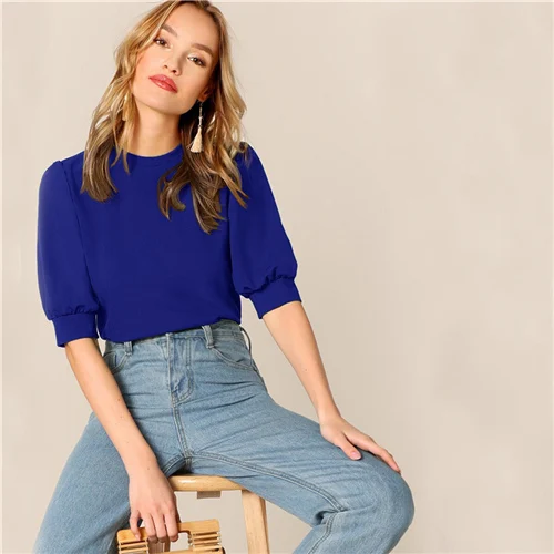SHEIN Повседневный Топ С Оригинальным Рукавом Стильная Офисная Блузка С Коротким Рукавом - Цвет: Синий