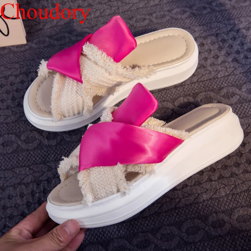 

New Girl's Vacation Smooth Satin Silk Bowtie Knot Straw Braided Platform Thick Sole Slipper Sandals Summer Beach Slide Shoes
