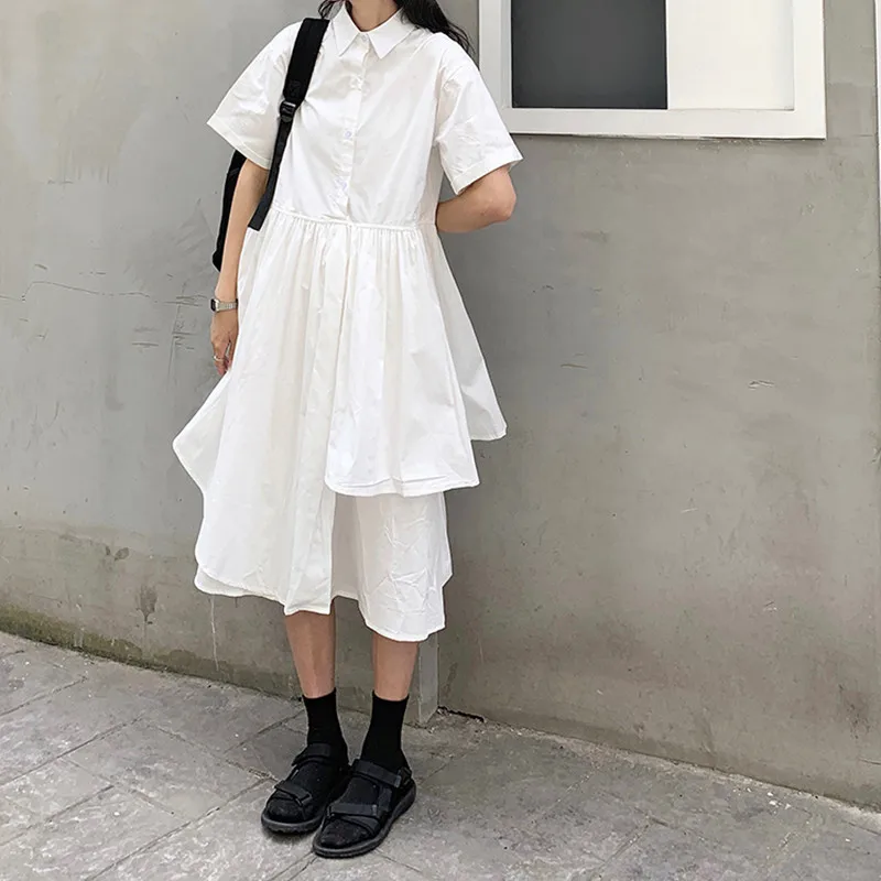 Летнее платье 2019 стиль преппи Одноцветный цвет раздраженный короткий рукав 2