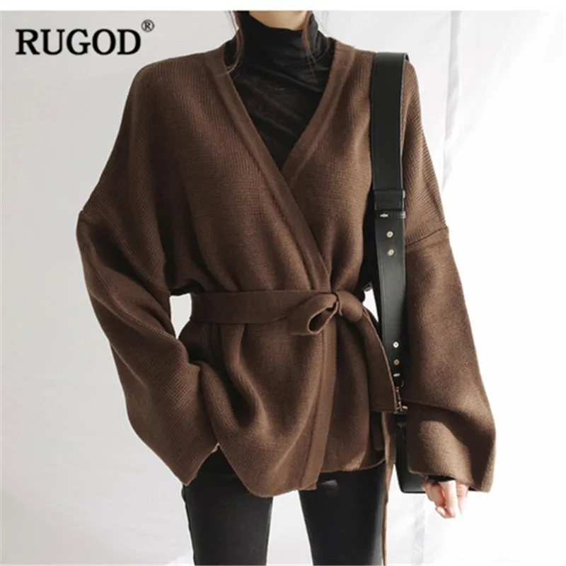 Женский кардиган с поясом RUGOD однотонный Повседневный вязаный свитер длинным