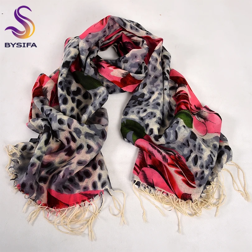 

[BYSIFA] Ladies Winter Scarves Sexy Leopard Print Roses Scarf Shawl With Tassel 100% Wool Long Scarves Thicken Foulard 182*67cm