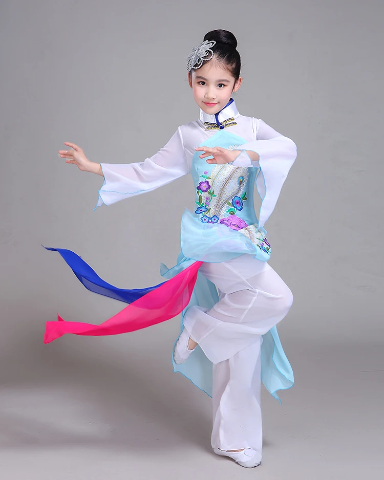 Костюм китайского наряда для детей классических танцев, нового стиля, для девочек на вентиляторах, выступления, одежда хмонг.