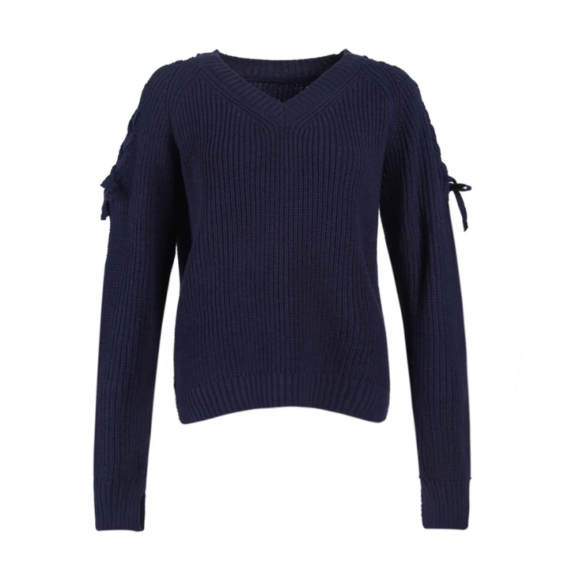 Off The Shoulder Sweater Women Fashion Lace Up V-Neck Hollow Out Long Sleeve Knitted Pullover Loose Tops | Женская одежда