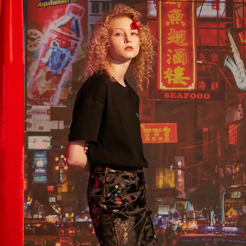 UNIFREE 2019 summer new long sleeve black top shirt women round neck short-sleeved loose printed tshirt UDT192G019 | Женская одежда