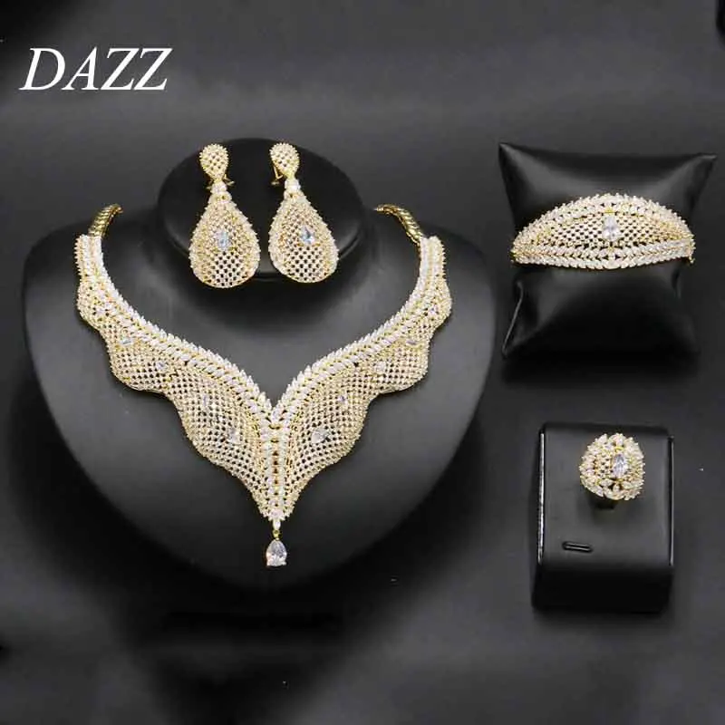 Dazz Дубай женский золотой свадебный комплект ювелирных изделий Cz полный Циркон