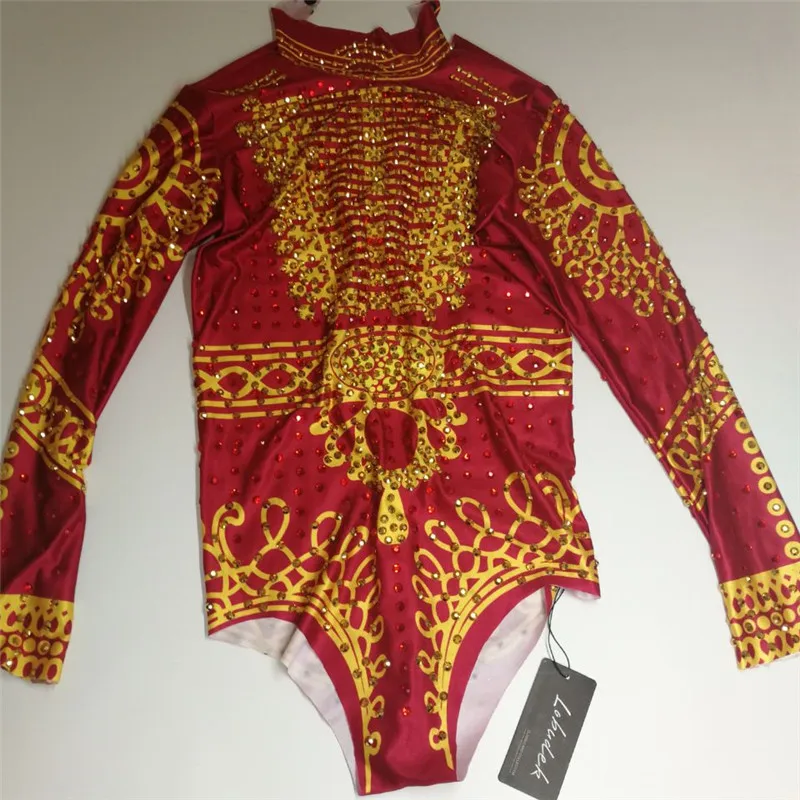 Gold red crystal Rhinestones Bodysuit Occident Bar female singer DJ DS Costume Nightclub sexy stage performance dance catsuits