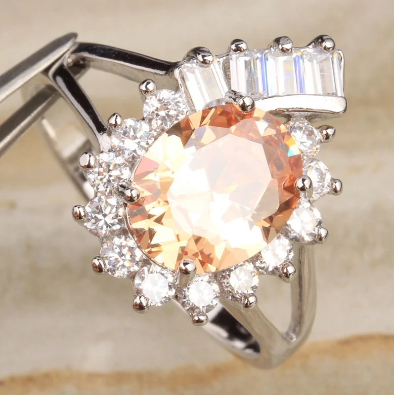 Luxurious Champagne Zircon Movable Gems Morganite Silver Plated Argent Solitaire Ring Size 6 / 7 8 9 S1359 | Украшения и