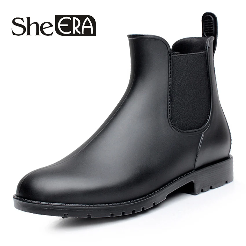 

She ERA Men rubber rain boots fashion black chelsea boots casual lovers botas slip-on waterproof ankle boots moccasins 38-43