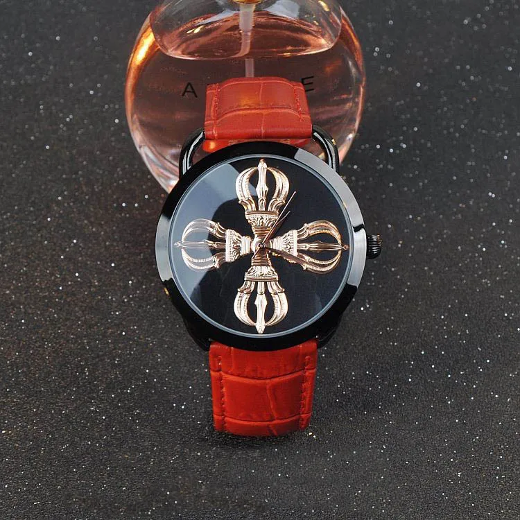 

Wristwatches Quartz-Watches Women's Watches Waterproof Vajra Buddhist Carvings Pattern Black Genuine Leather Neutral